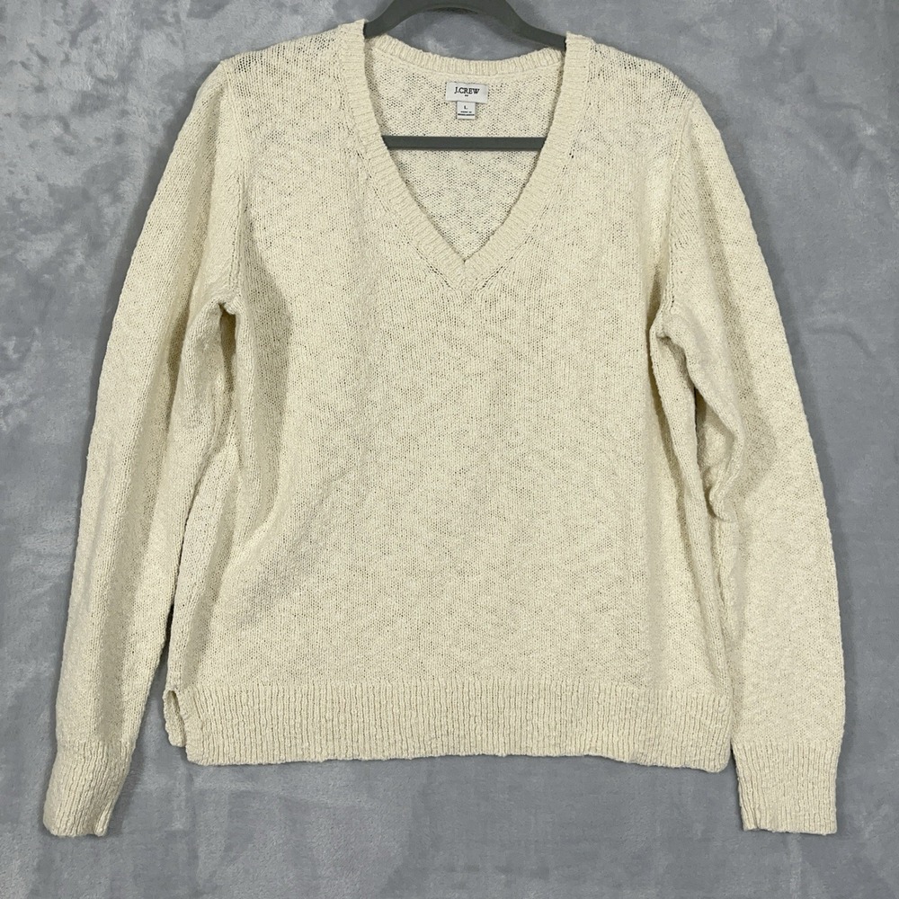 J. Crew Womens‎ Beige V-Neck Sweater L Cotton Blend Pullover Preppy Comfy Casual